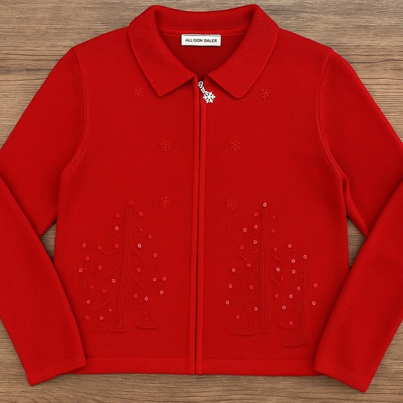 Allison Daley Sweaters - Allison Daley Red Sequin Holiday Sweater Zip Cardigan Size Large